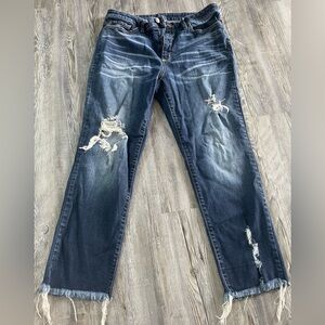 Women's Distressed Straight Leg Jeans - Dark Wash